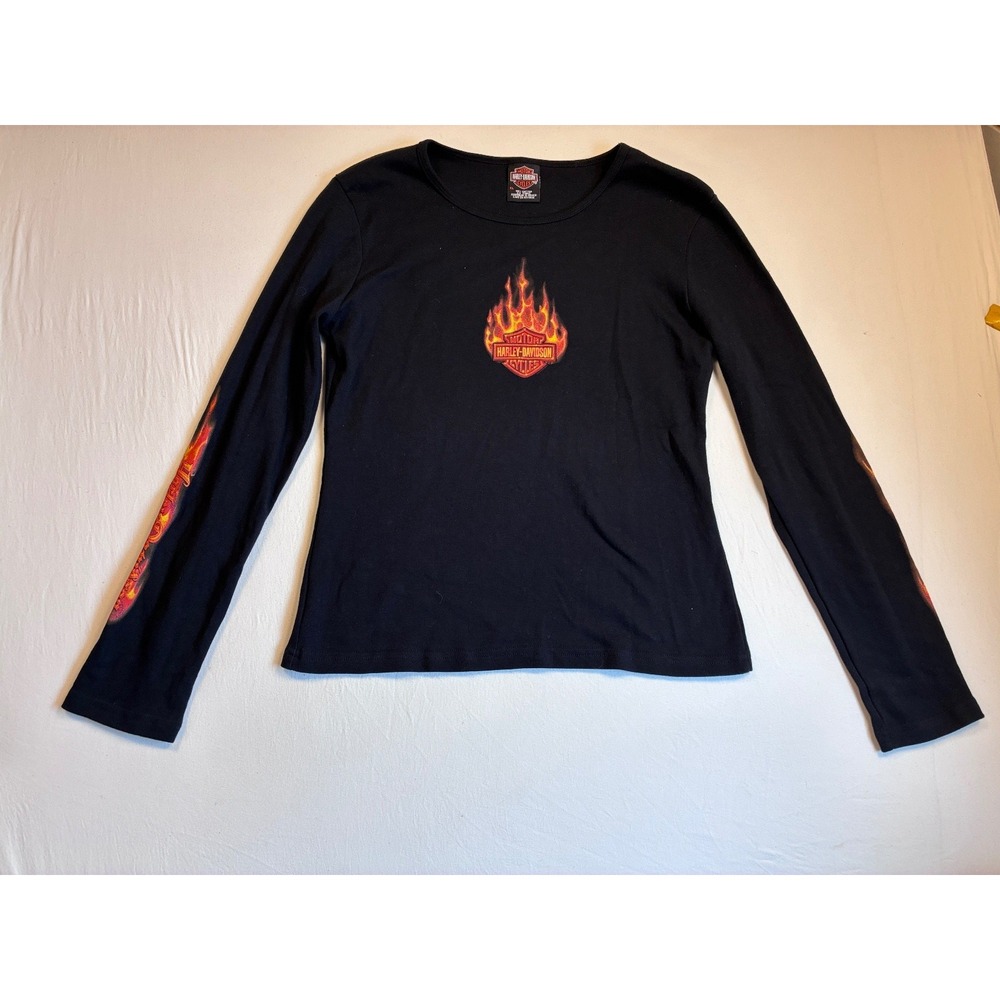 Harley-Davidson Womens Long Sleeve Flame Graphic T Shirt XL Black Route 66
